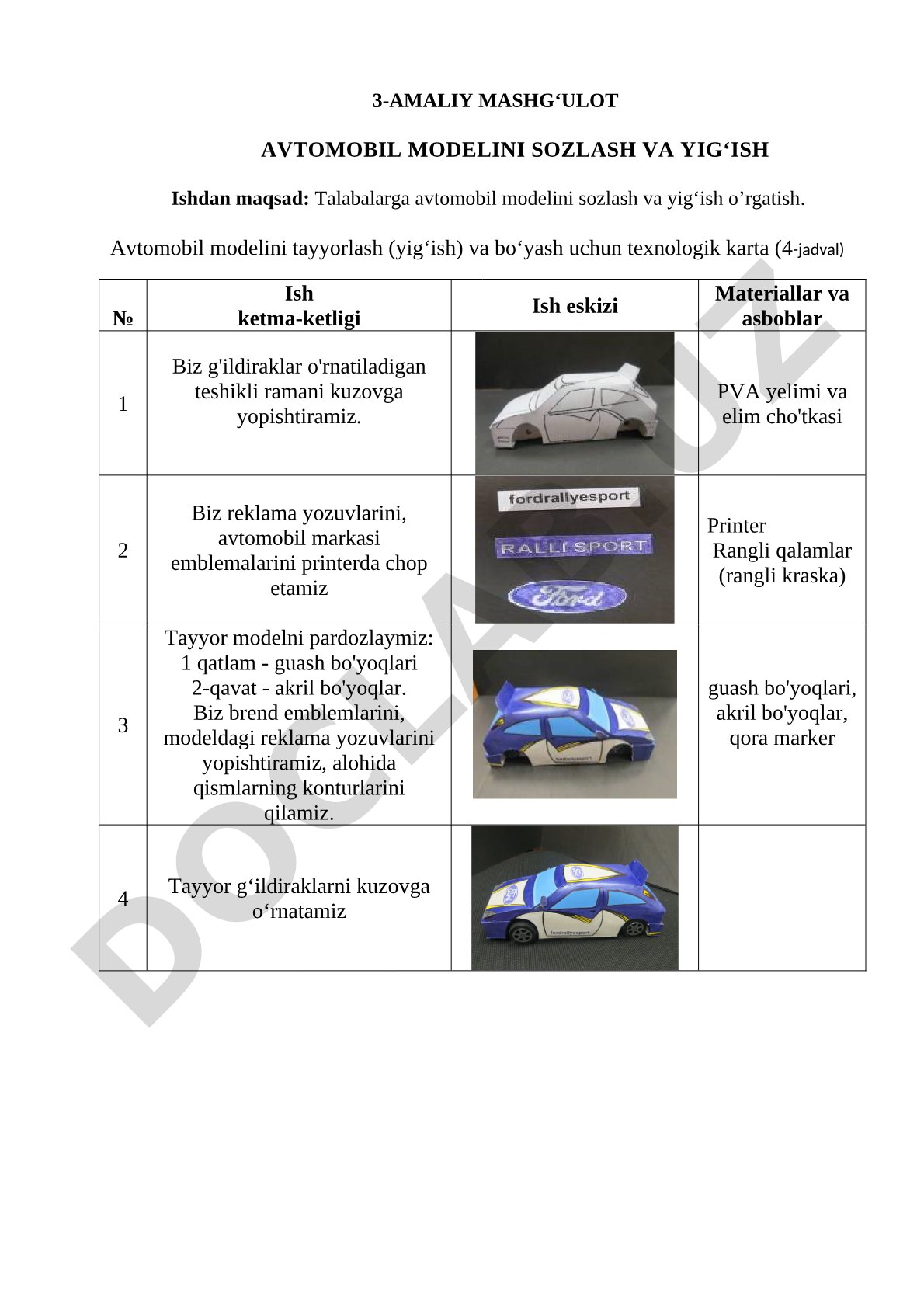 3-amaliy mashg'ulot avtomobil modelini sozlash va yig'ish