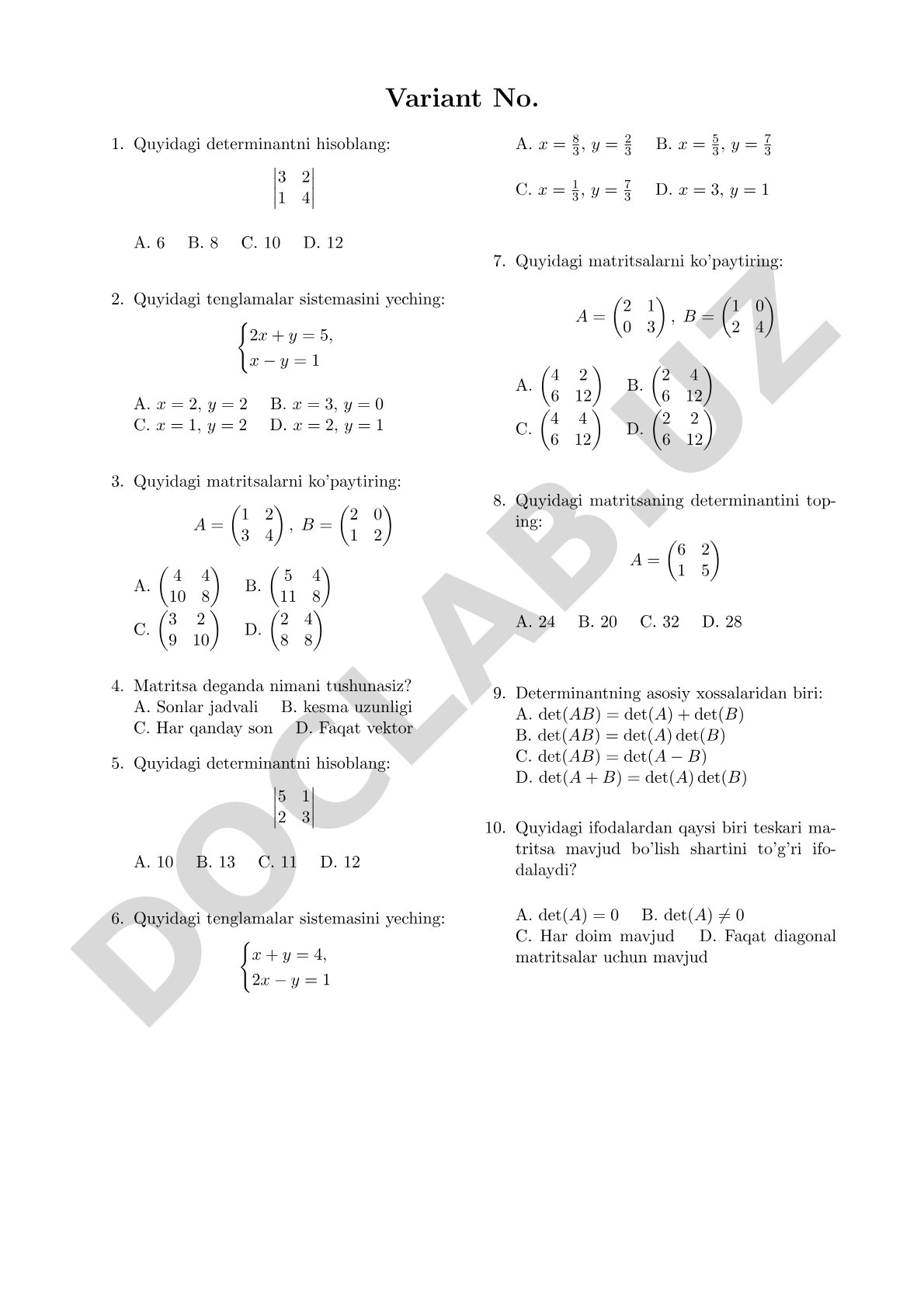 Matritsa va determinantlarga oid test savollari