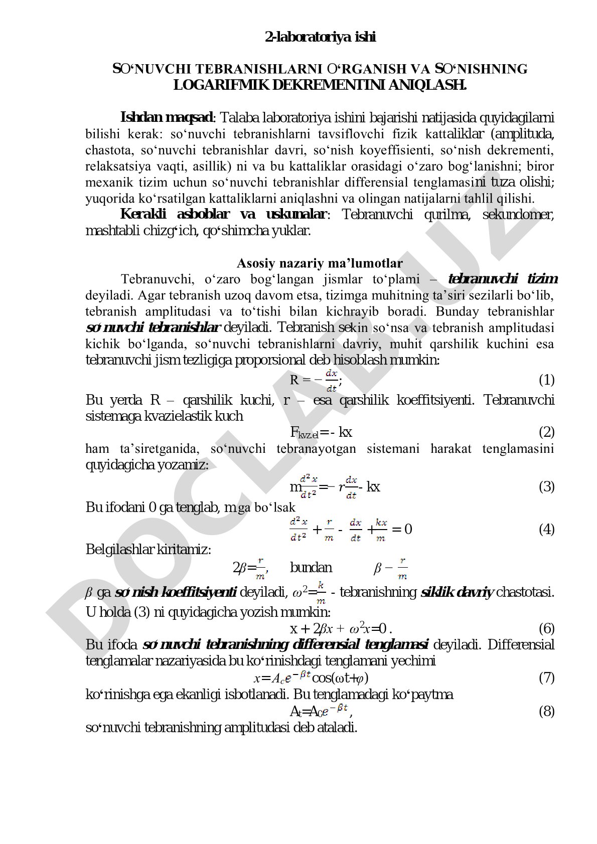 SO‘NUVCHI TEBRANISHLARNI O‘RGANISH VA SO‘NISHNING LOGARIFMIK DEKREMENTINI ANIQLASH