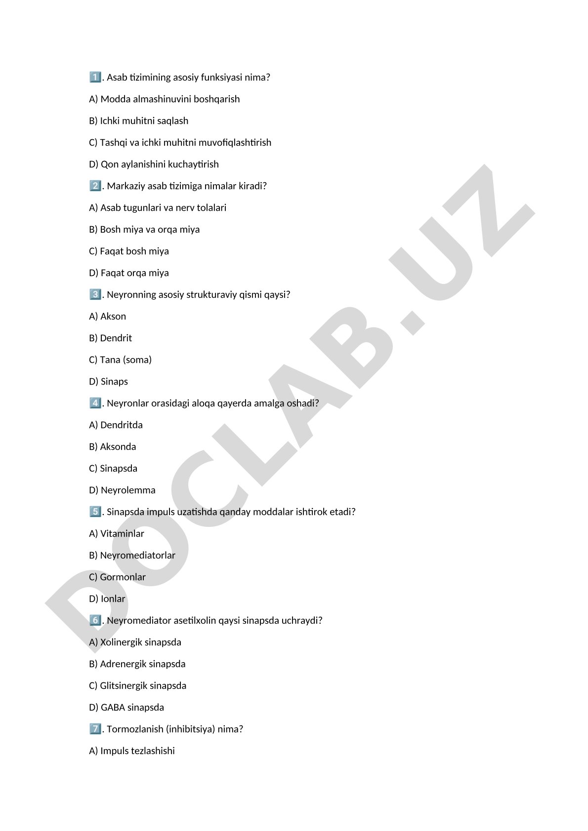 Asab tizimi test savollari