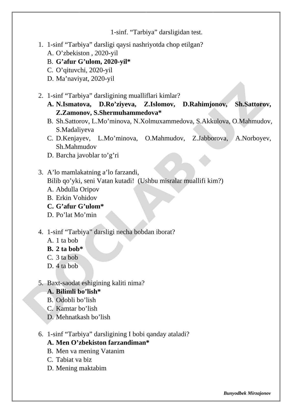 1-sinf Tarbiya darsligidan test savollari