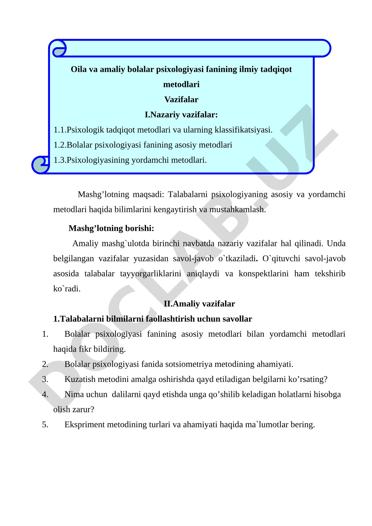 Bolalar psixologiyasining asosiy va yordamchi metodlari