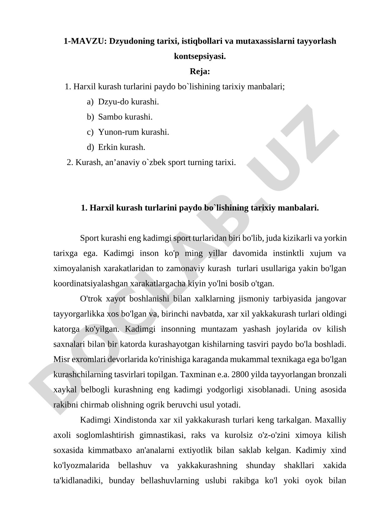 Dzyudoning tarixi, istiqbollari va mutaxassislarni tayyorlash kontsepsiyasi