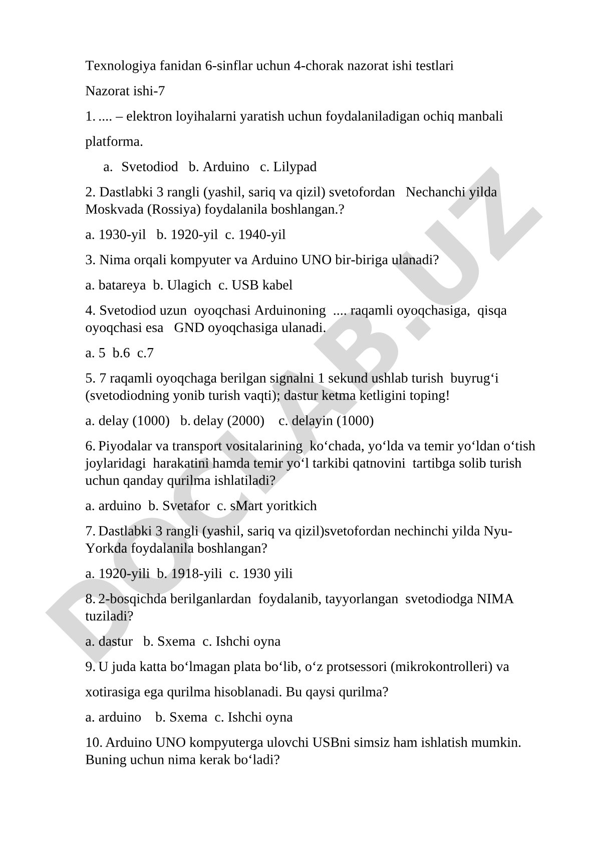 6-sinf texnologiya fanidan Arduino va svetofor testlari