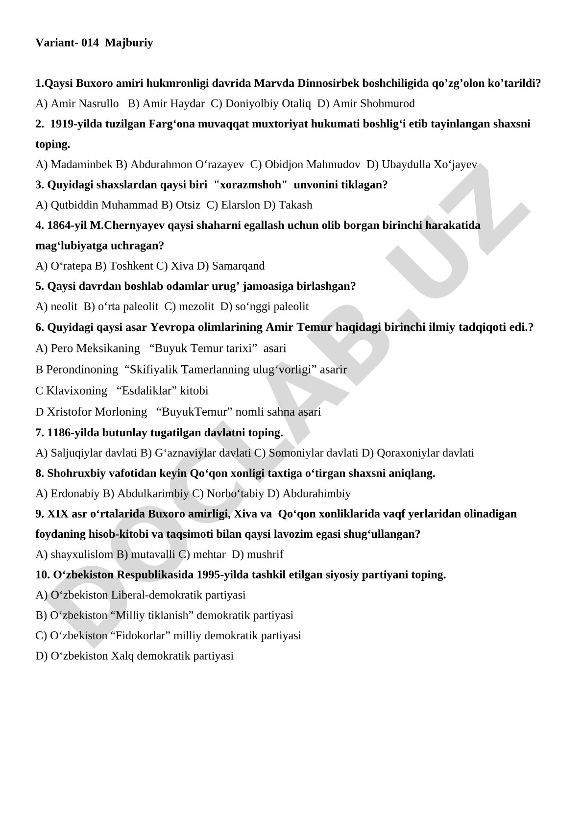 O'zbekiston tarixi fanidan test savollari