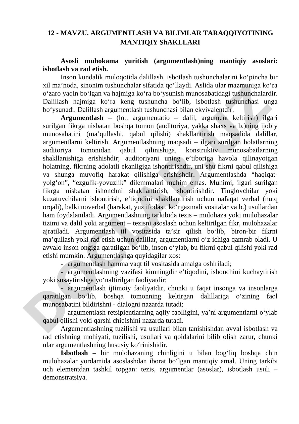 ARGUMENTLASH VA BILIMLAR TARAQQIYOTINING MANTIQIY ShAKLLARI