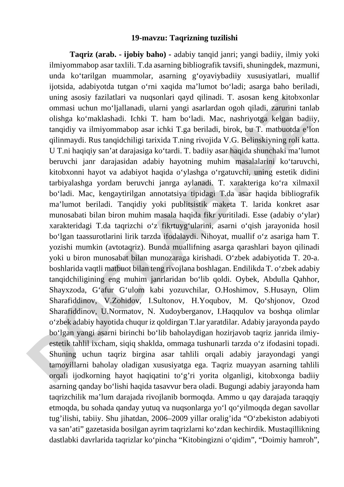 Taqriz janri, tuzilishi, turlari va adabiy tanqiddagi o'rni haqida ma'lumot
