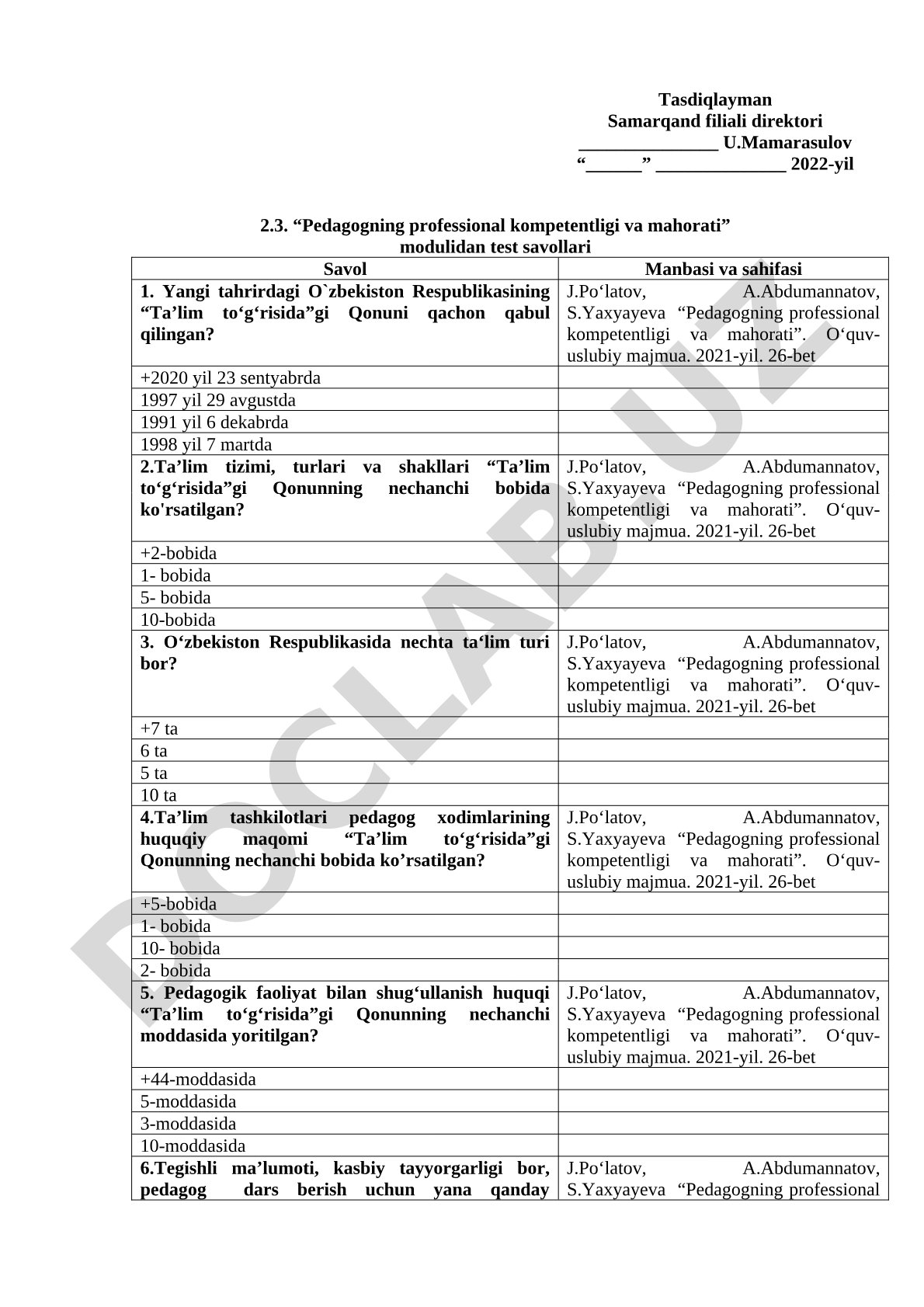 Pedagogning professional kompetentligi va mahorati modulidan test savollari