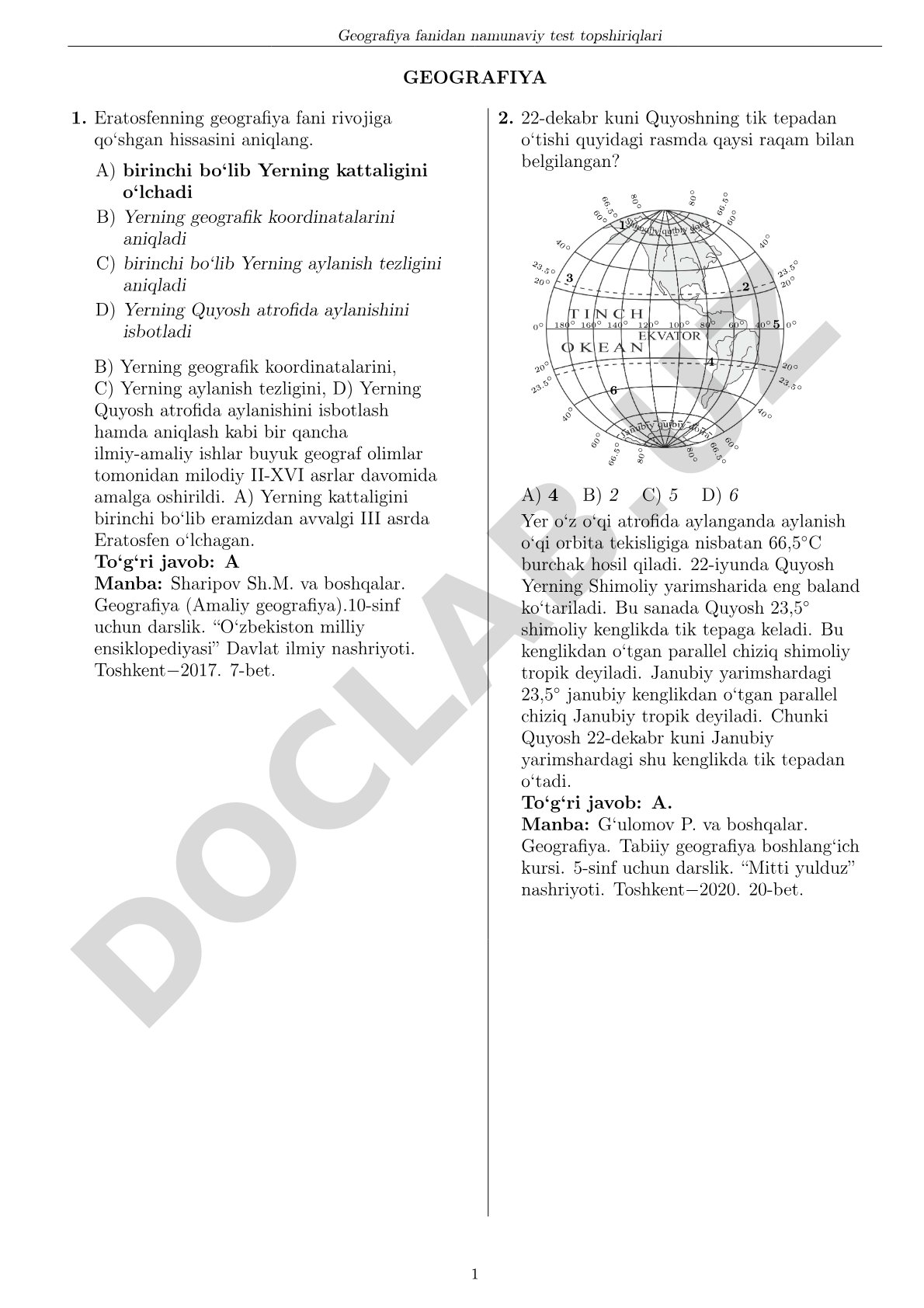 Geografiya fanidan namunaviy test topshiriqlari