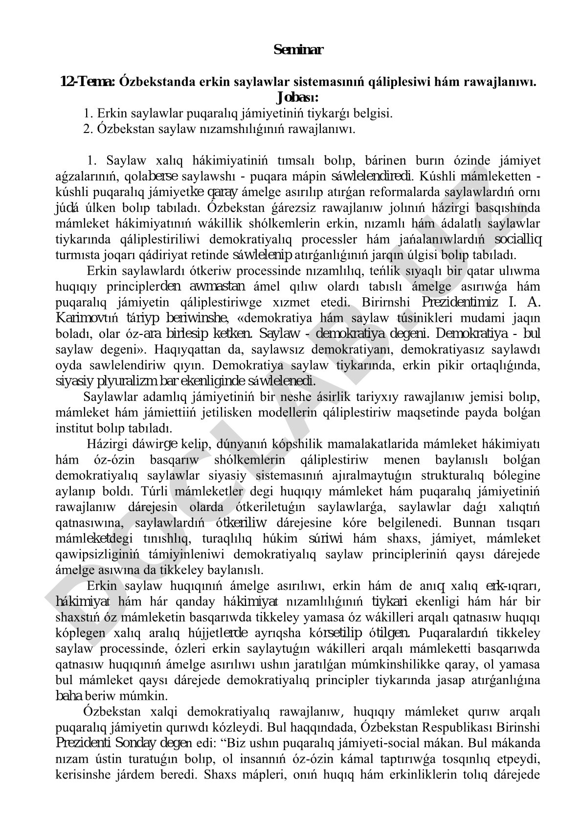 Ózbekstanda erkin saylawlar sistemasınıń qáliplesiwi hám rawajlanıwı