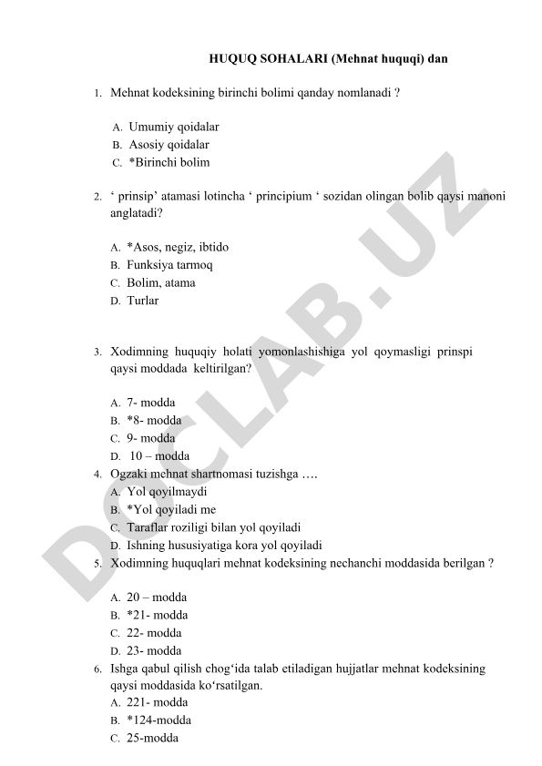 Mehnat huquqi sohasidagi test savollari
