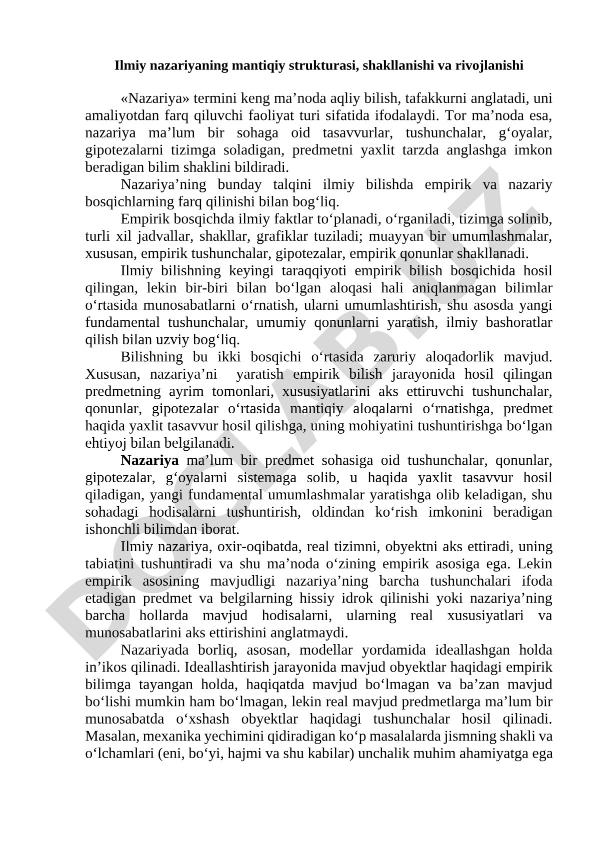 Ilmiy nazariyaning mantiqiy strukturasi, shakllanishi va rivojlanishi