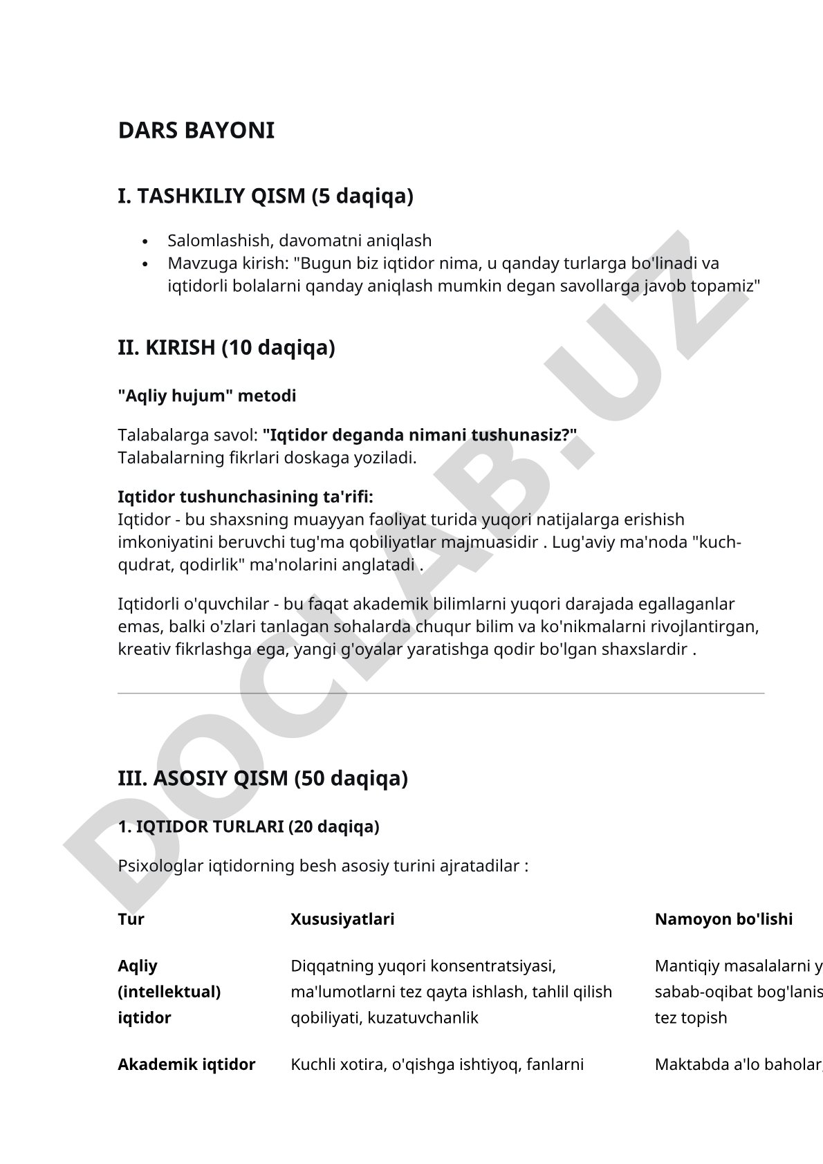 Iqtidor turlari va iqtidorli o'quvchilarni aniqlash