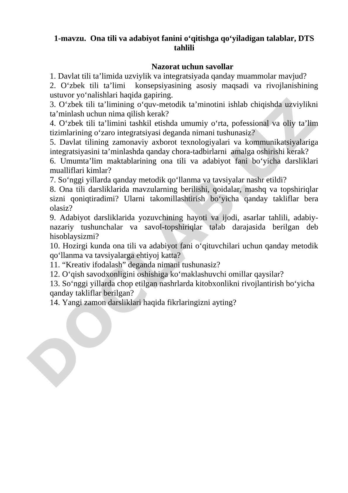 Ona tili va adabiyot fanini o‘qitishga qo‘yiladigan talablar, DTS tahlili