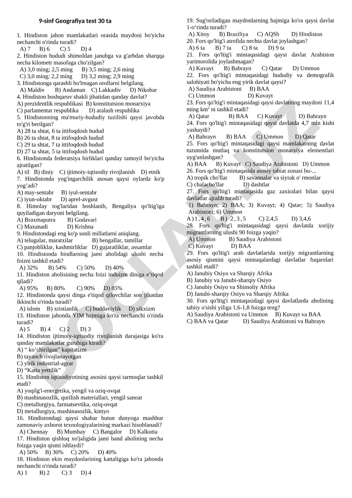 Hindiston geografiyasiga oid test savollari