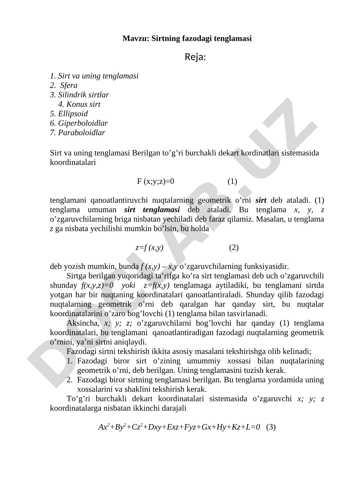 Sirtning fazodagi tenglamasi