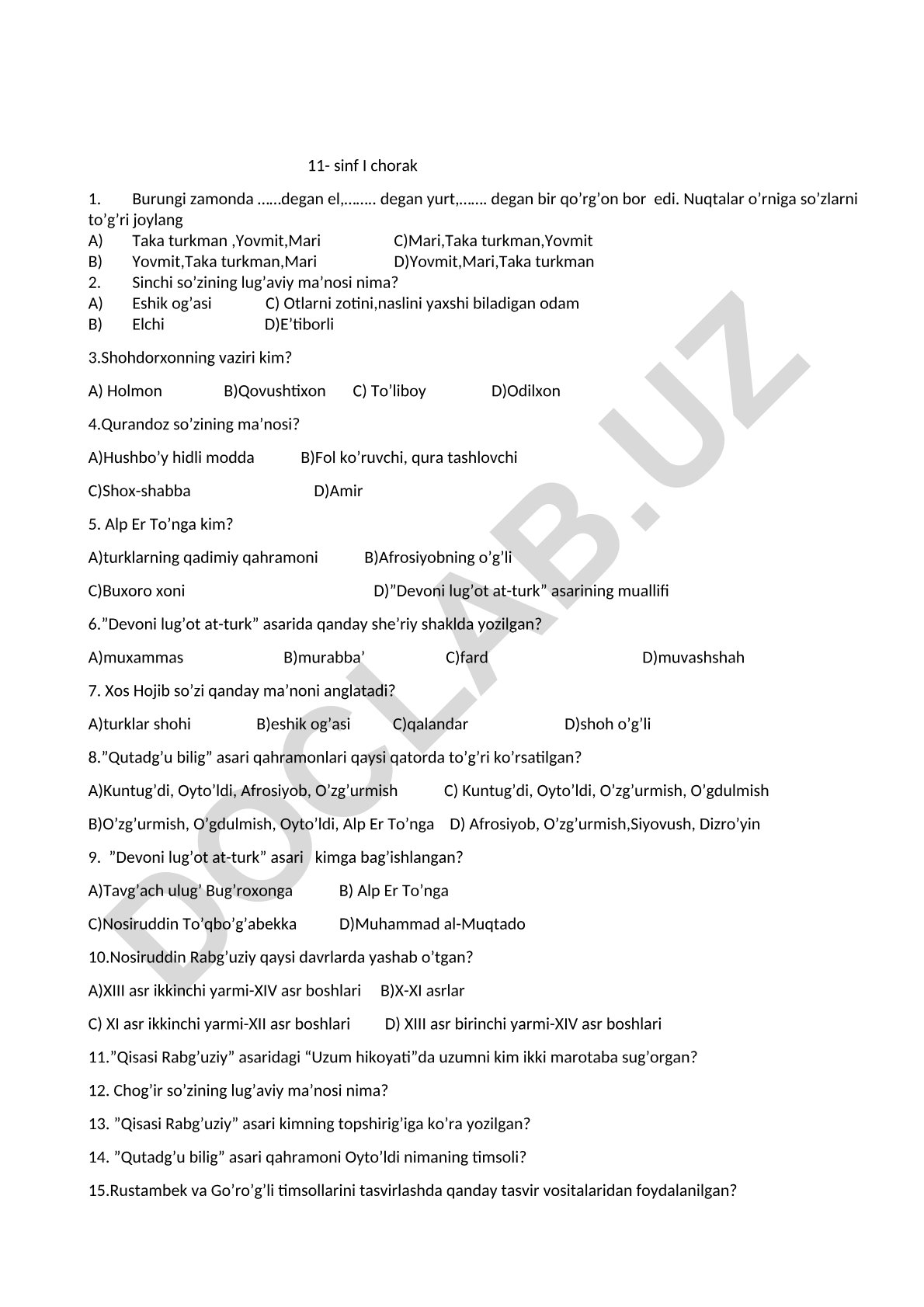 O'zbek adabiyoti va tarixi test savollari
