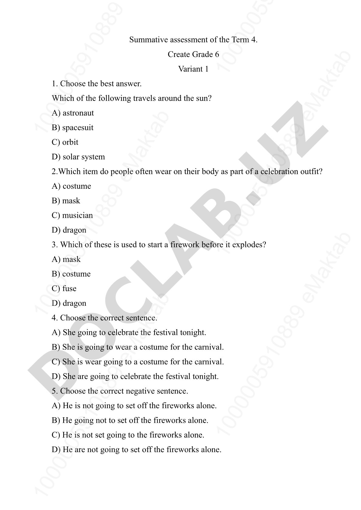 Grade 6 English Summative Assessment Term 4 Variant 1