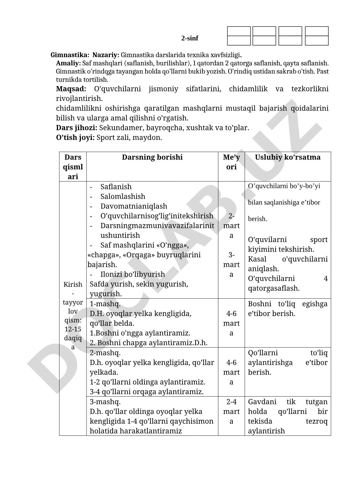 2-sinf Gimnastika dars ishlanmasi