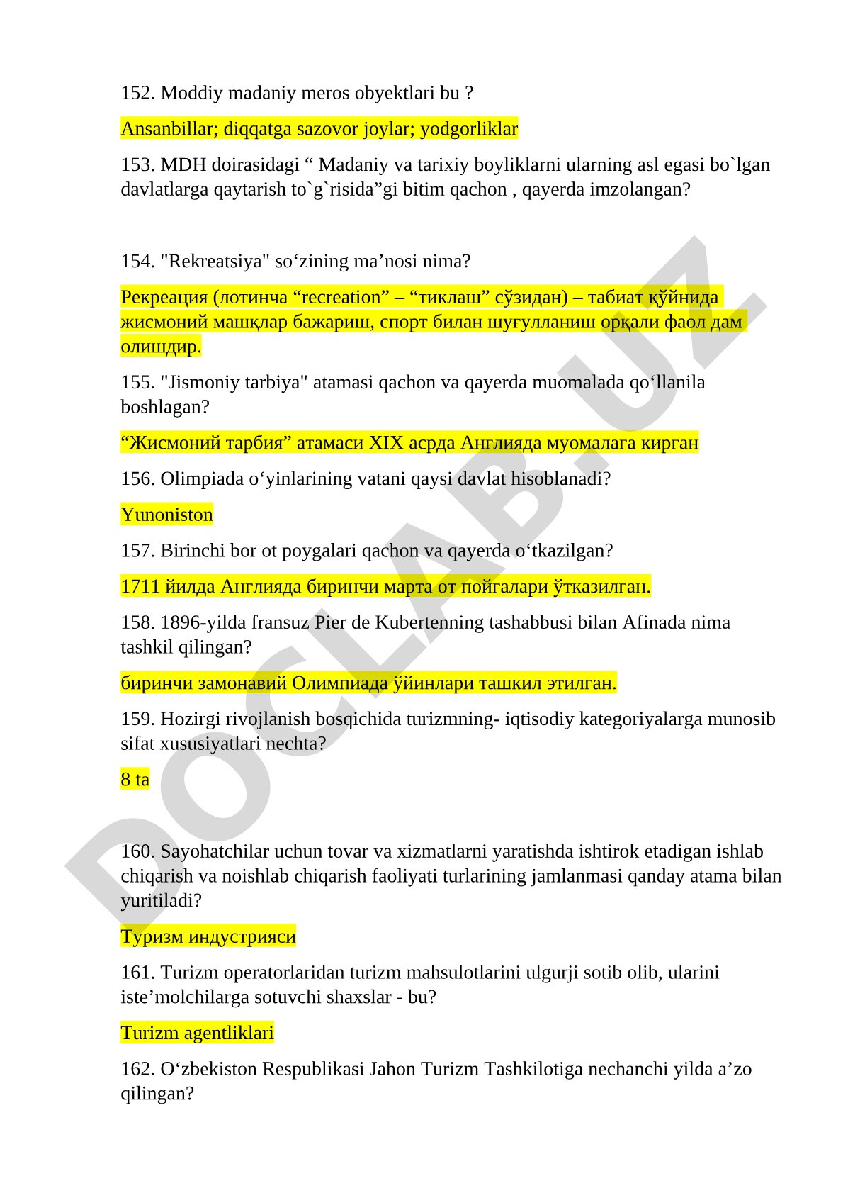 Madaniy meros, rekreatsiya va turizmga oid test savollari