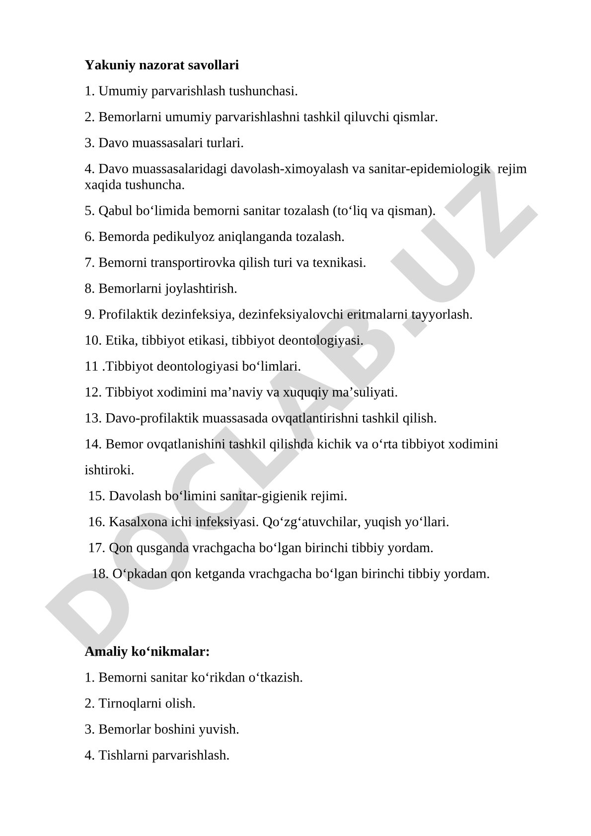 Umumiy parvarishlash fanidan yakuniy nazorat savollari