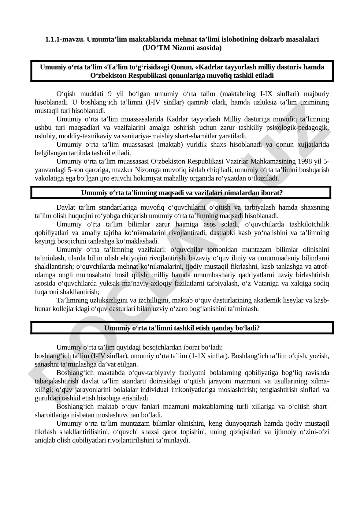 Umumta’lim maktablarida mehnat ta’limi islohotining dolzarb masalalari (UO‘TM Nizomi asosida)