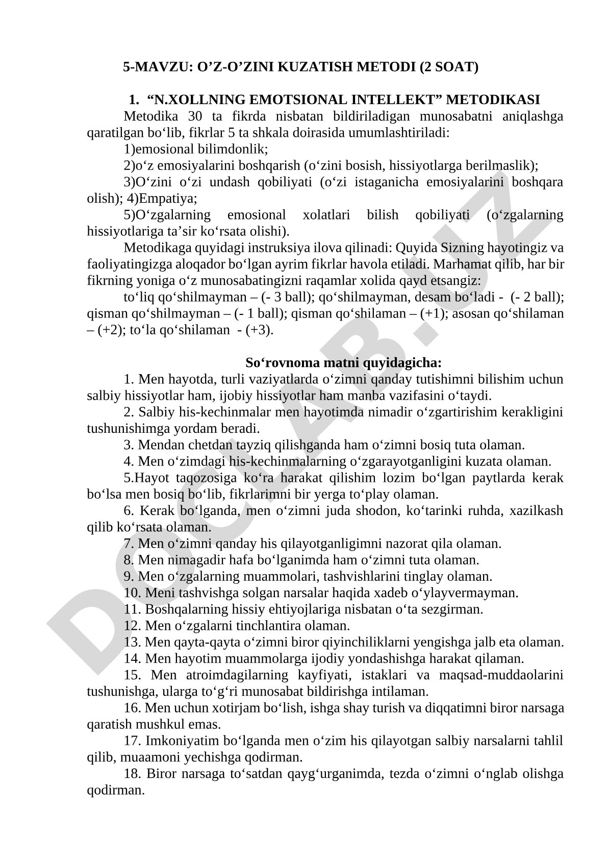 O'z-o'zini kuzatish metodi: N.Xollning emotsional intellekt metodikasi