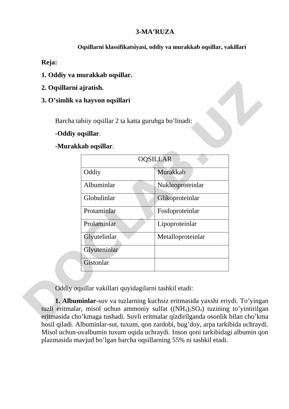 Oqsillarni klassifikatsiyasi, oddiy va murakkab oqsillar, vakillari