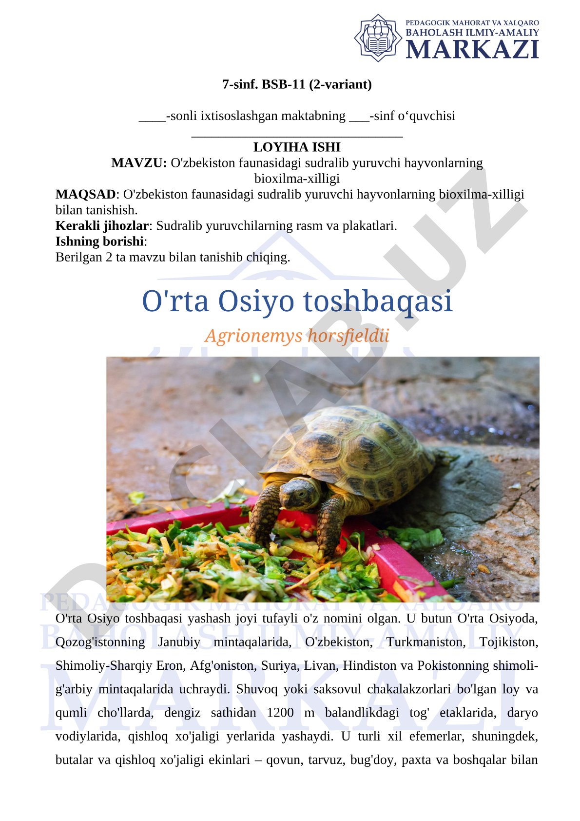 O'zbekiston faunasidagi sudralib yuruvchi hayvonlarning bioxilma-xilligi