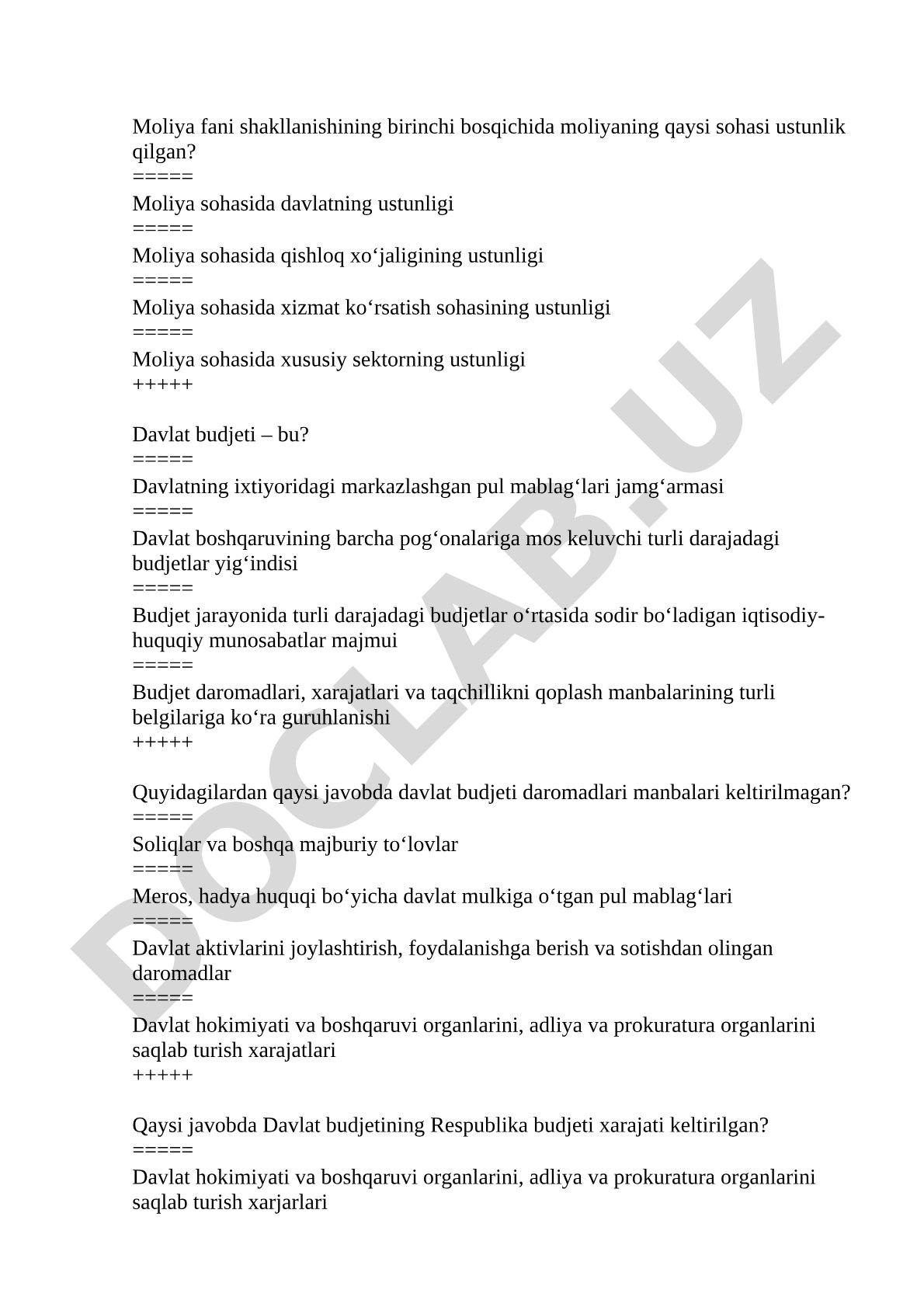 Moliya fanidan davlat budjeti test savollari