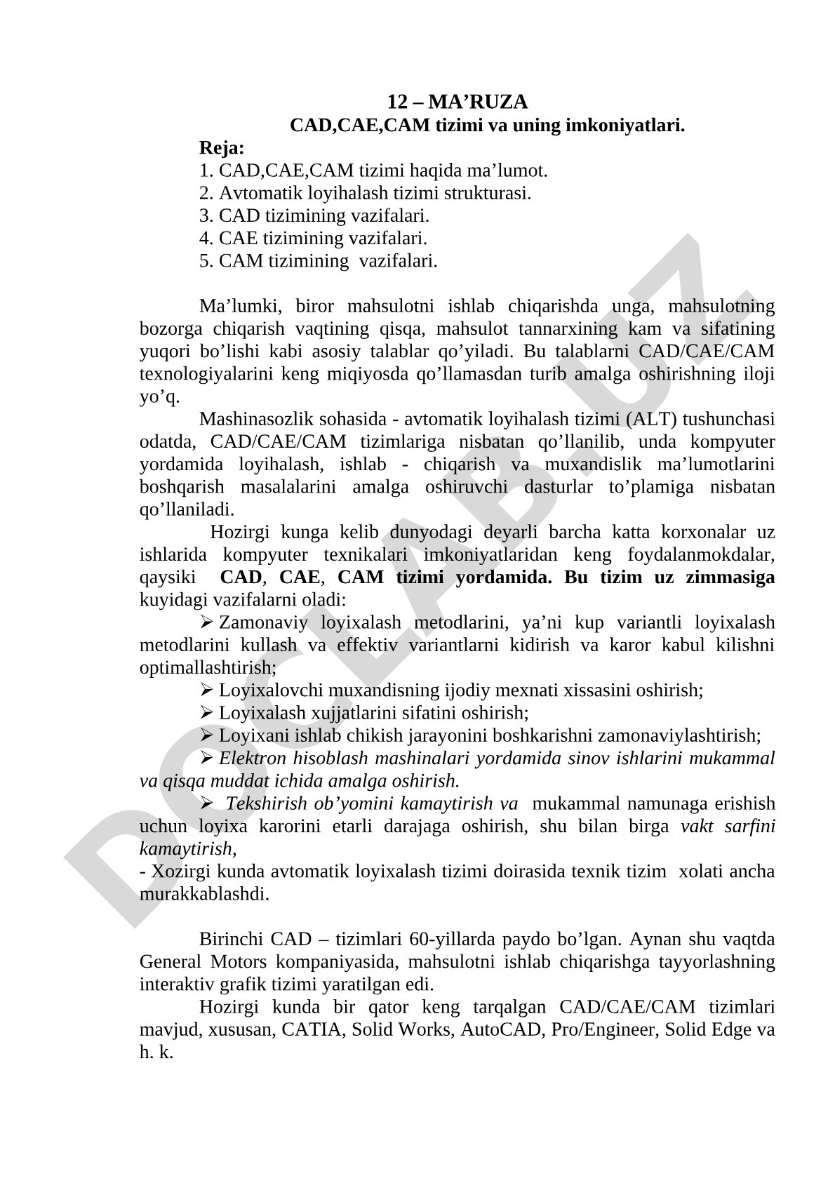 CAD, CAE, CAM tizimi va uning imkoniyatlari