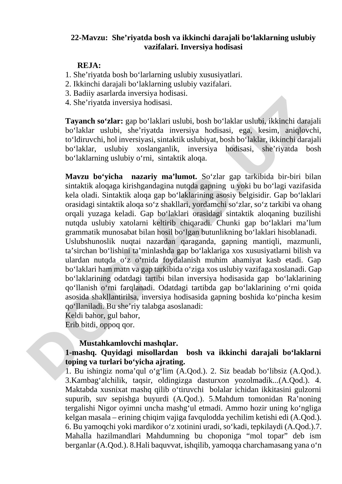 She’riyatda bosh va ikkinchi darajali bo‘laklarning uslubiy vazifalari. Inversiya hodisasi