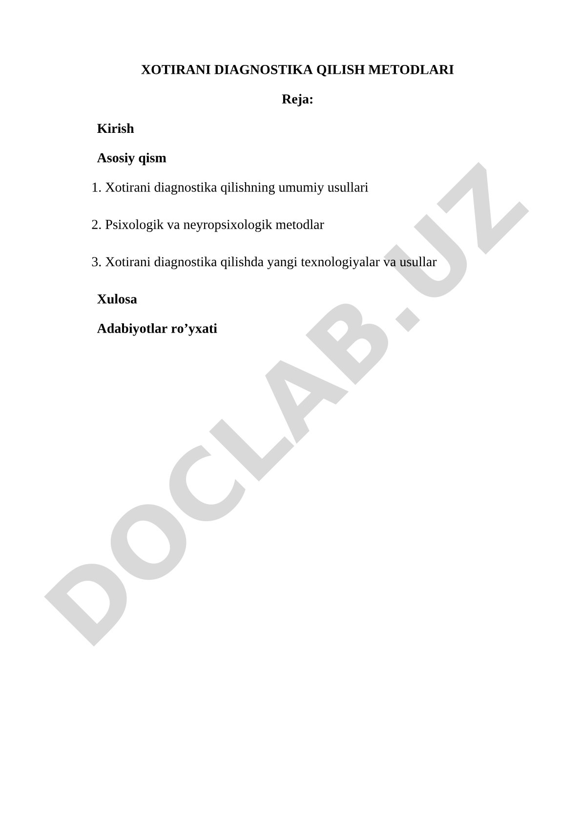 Xotirani diagnostika qilish metodlari
