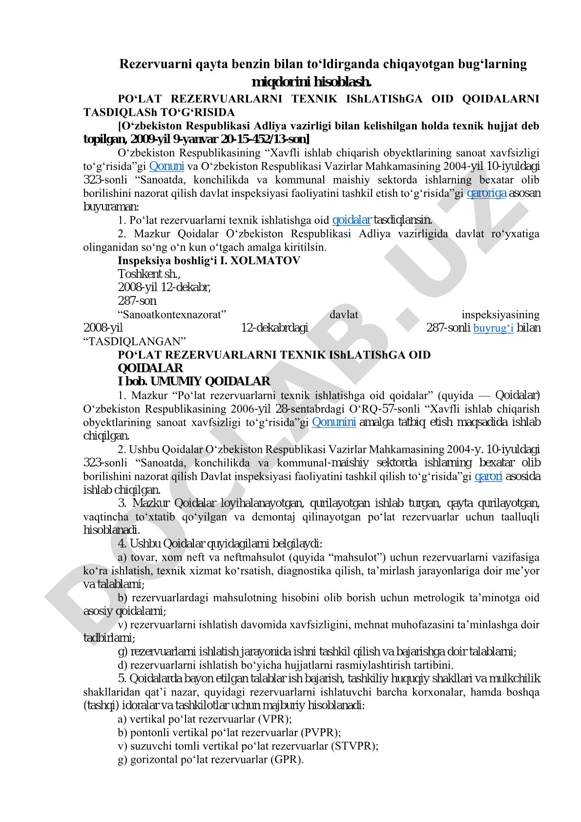Po‘lat rezervuarlarni texnik ishlatishga oid qoidalar