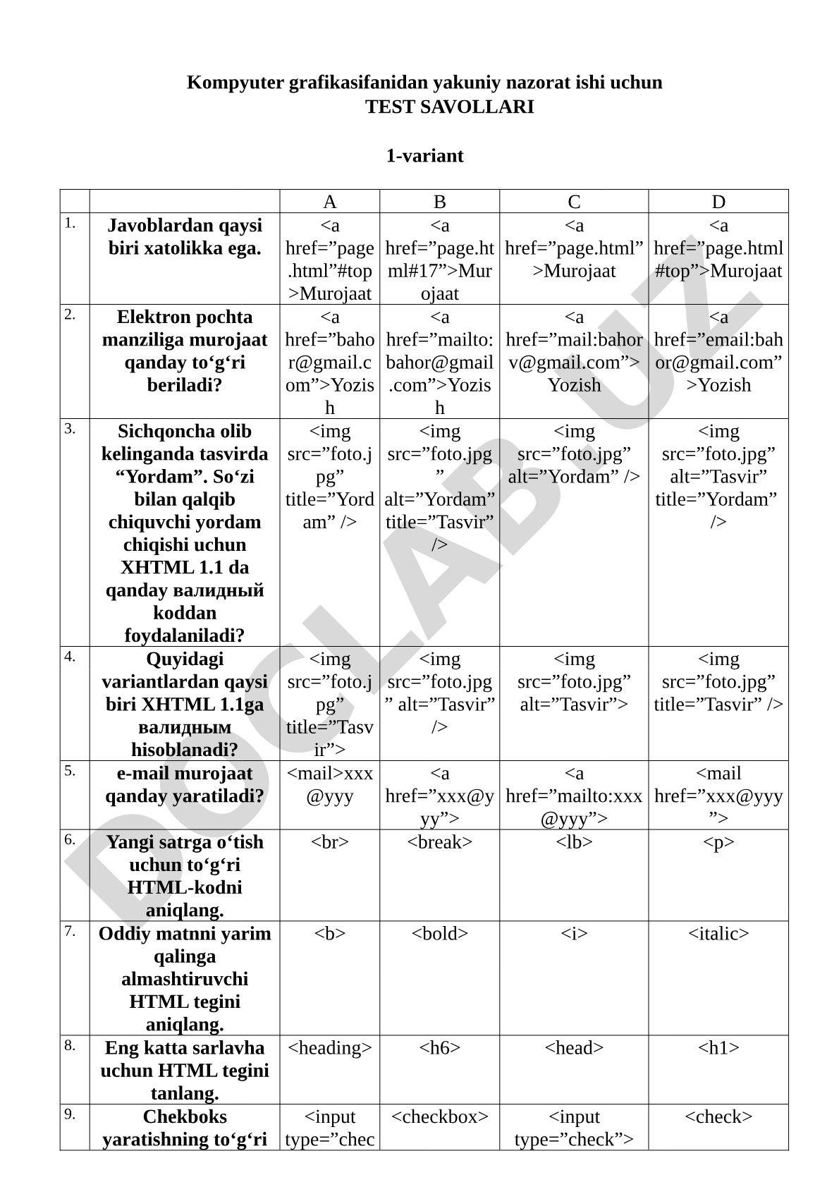 Kompyuter grafikasi fanidan yakuniy nazorat test savollari