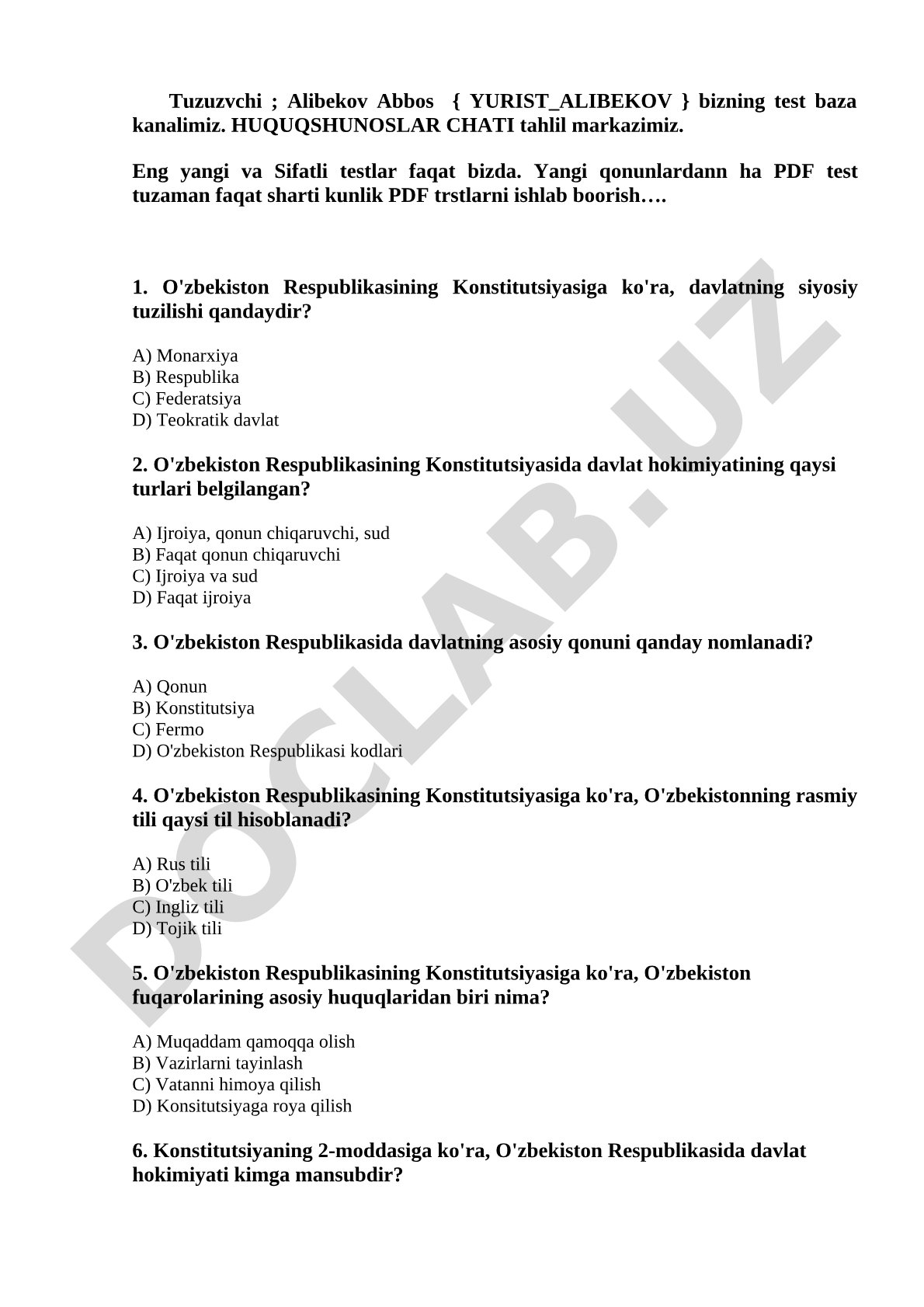 O'zbekiston Respublikasi Konstitutsiyasi bo'yicha testlar