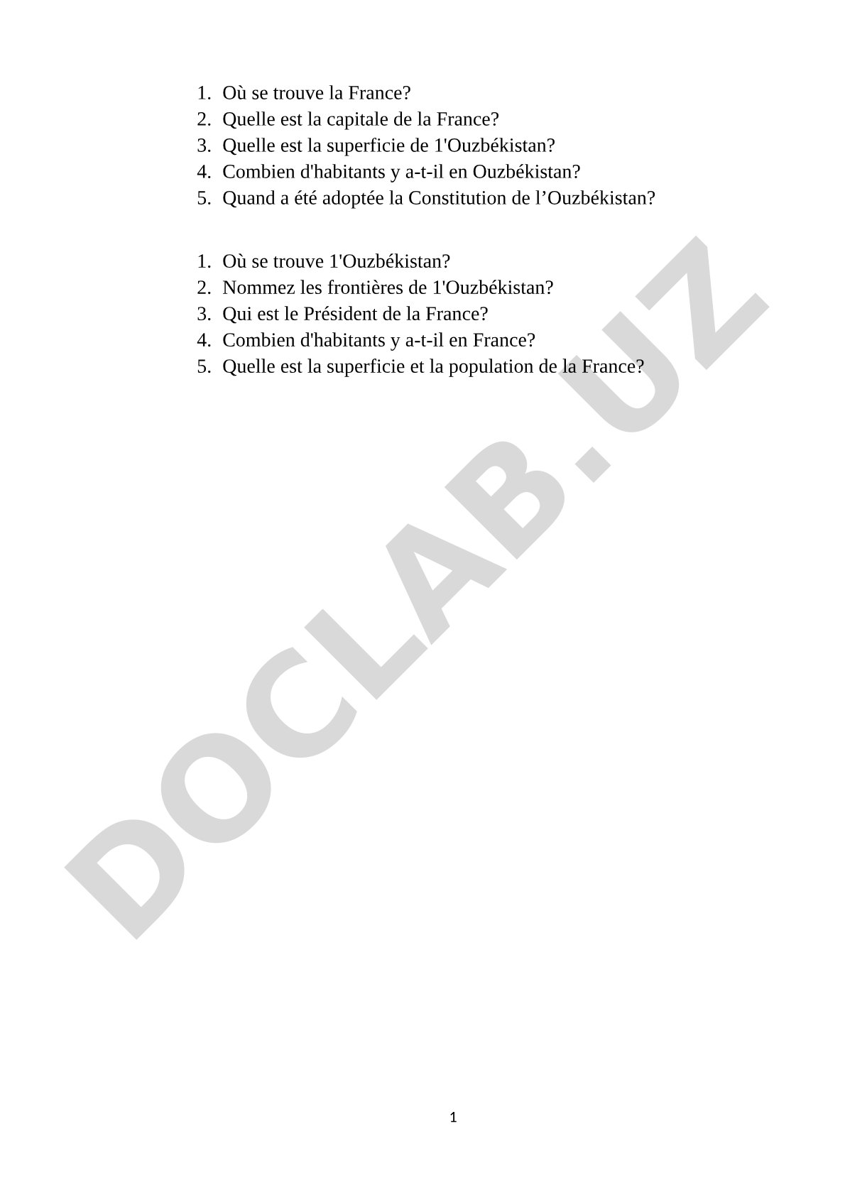Questions sur la France et l'Ouzbékistan