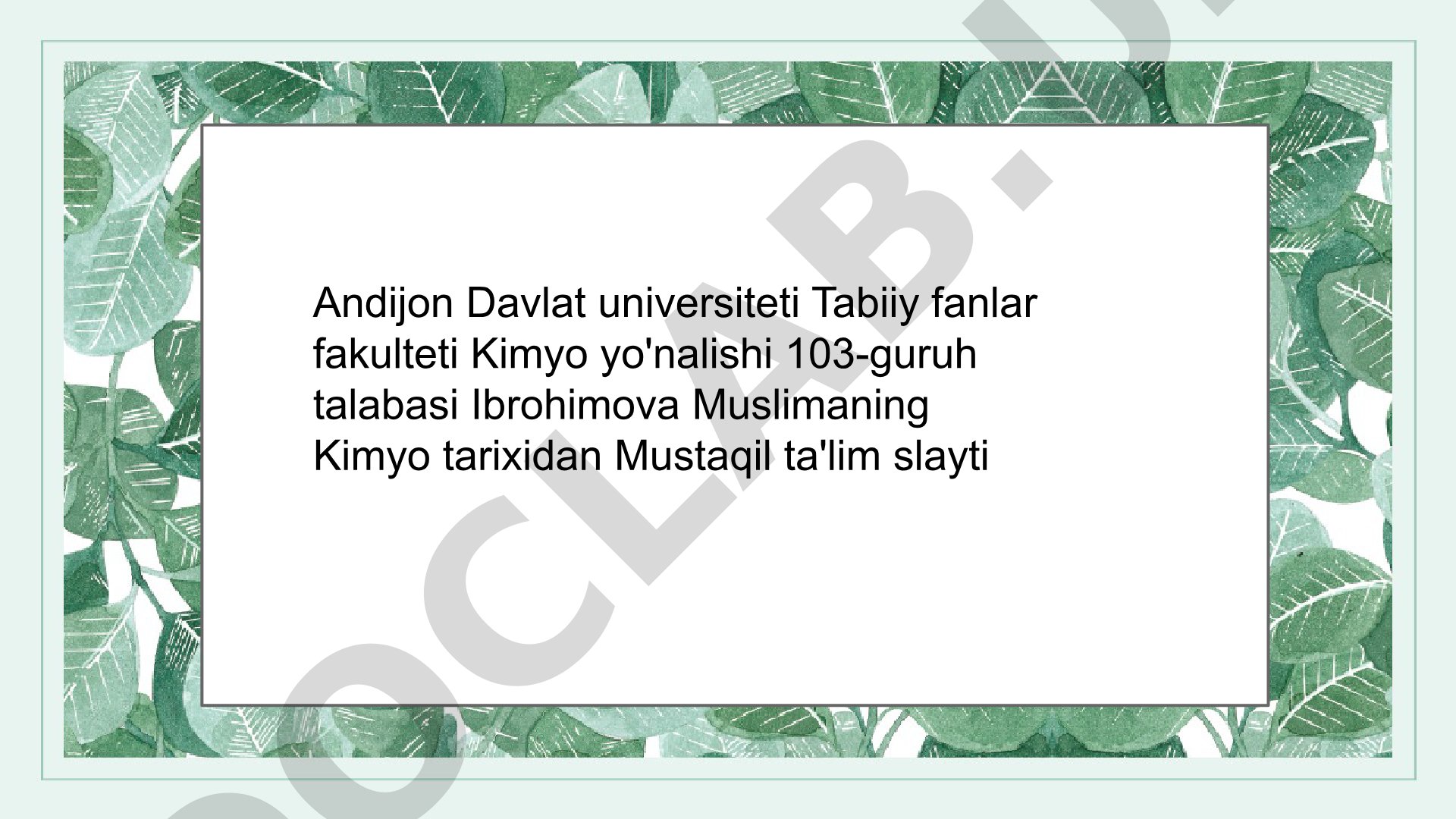 Kimyo tarixidan Mustaqil ta'lim