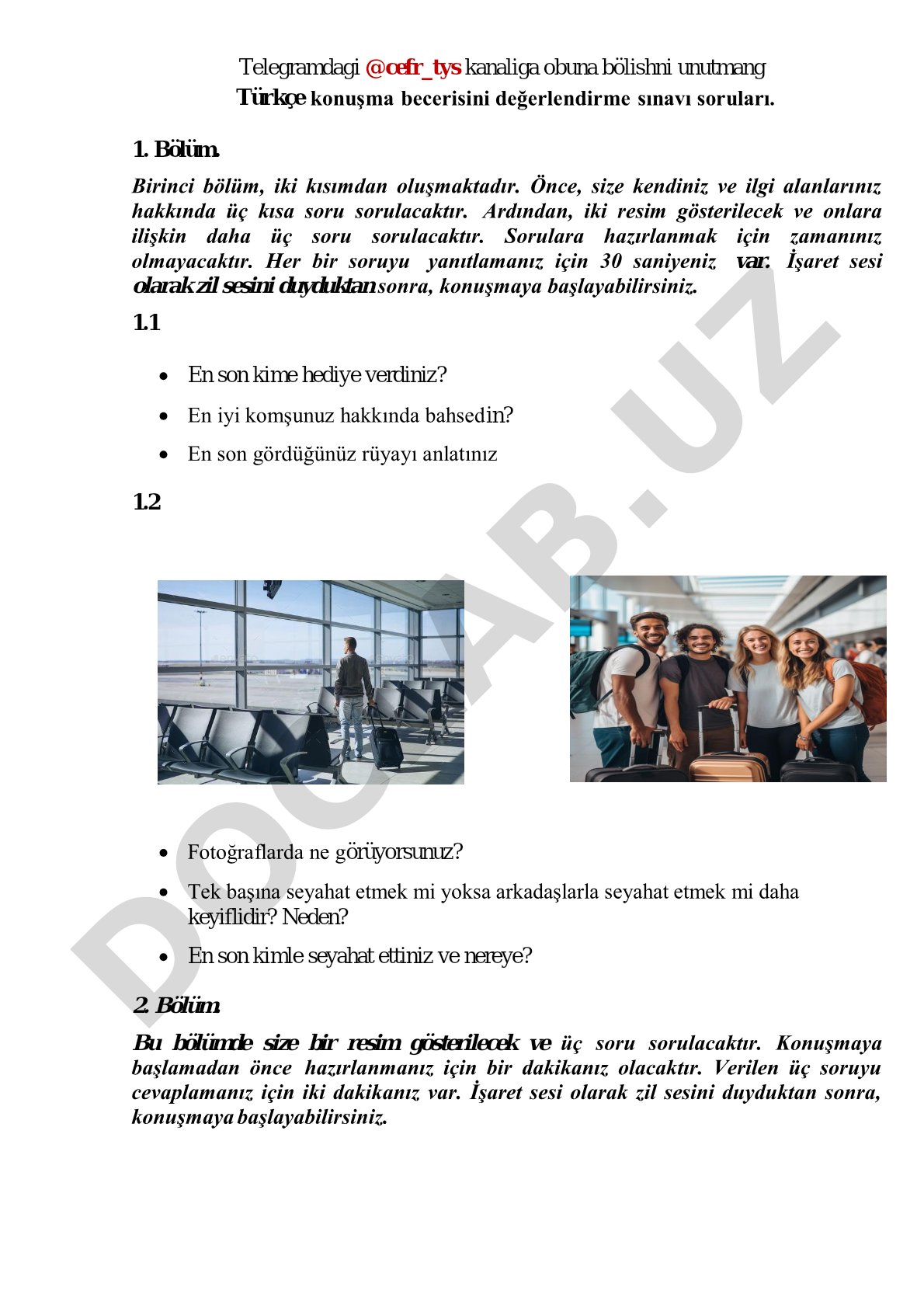 Türkçe konuşma becerisini değerlendirme sınavı soruları