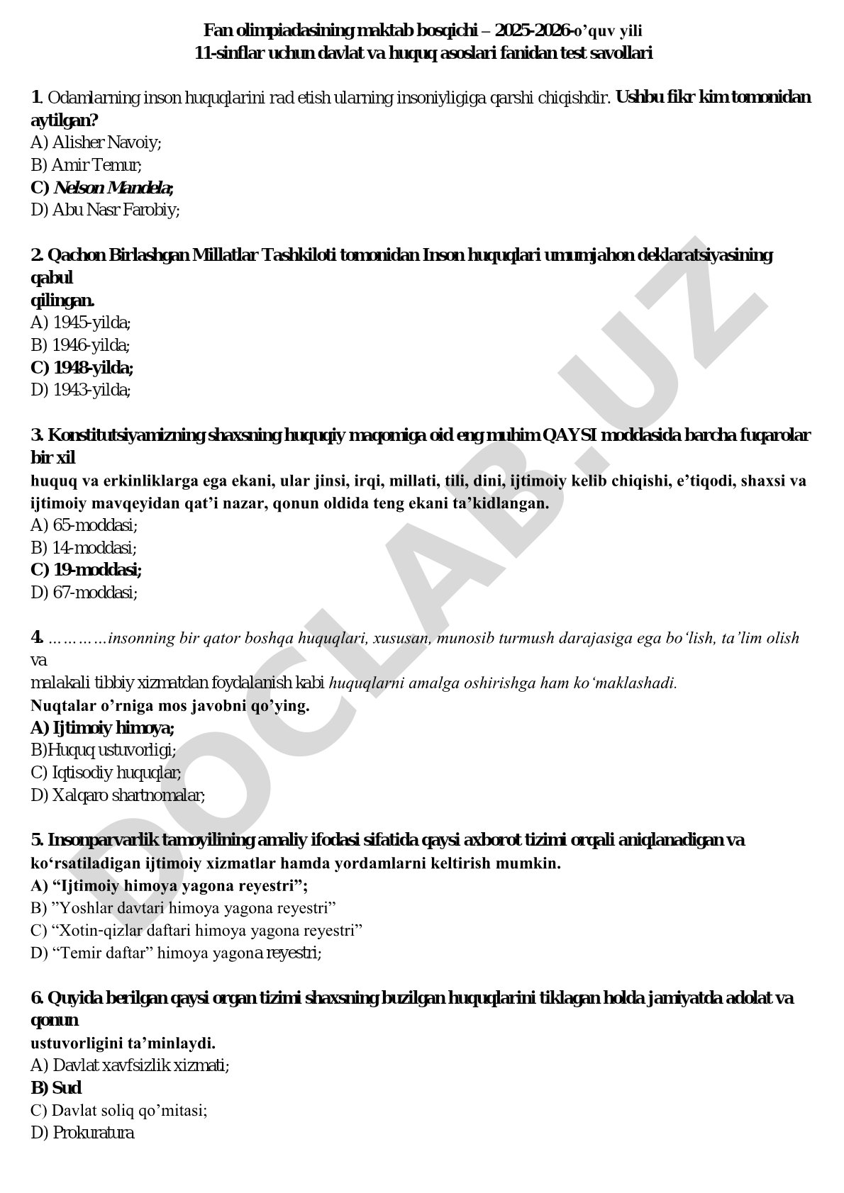 Davlat va huquq asoslari fanidan maktab bosqichi test savollari