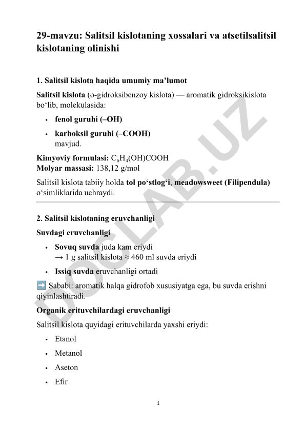 Salitsil kislotaning xossalari va atsetilsalitsil kislotaning olinishi