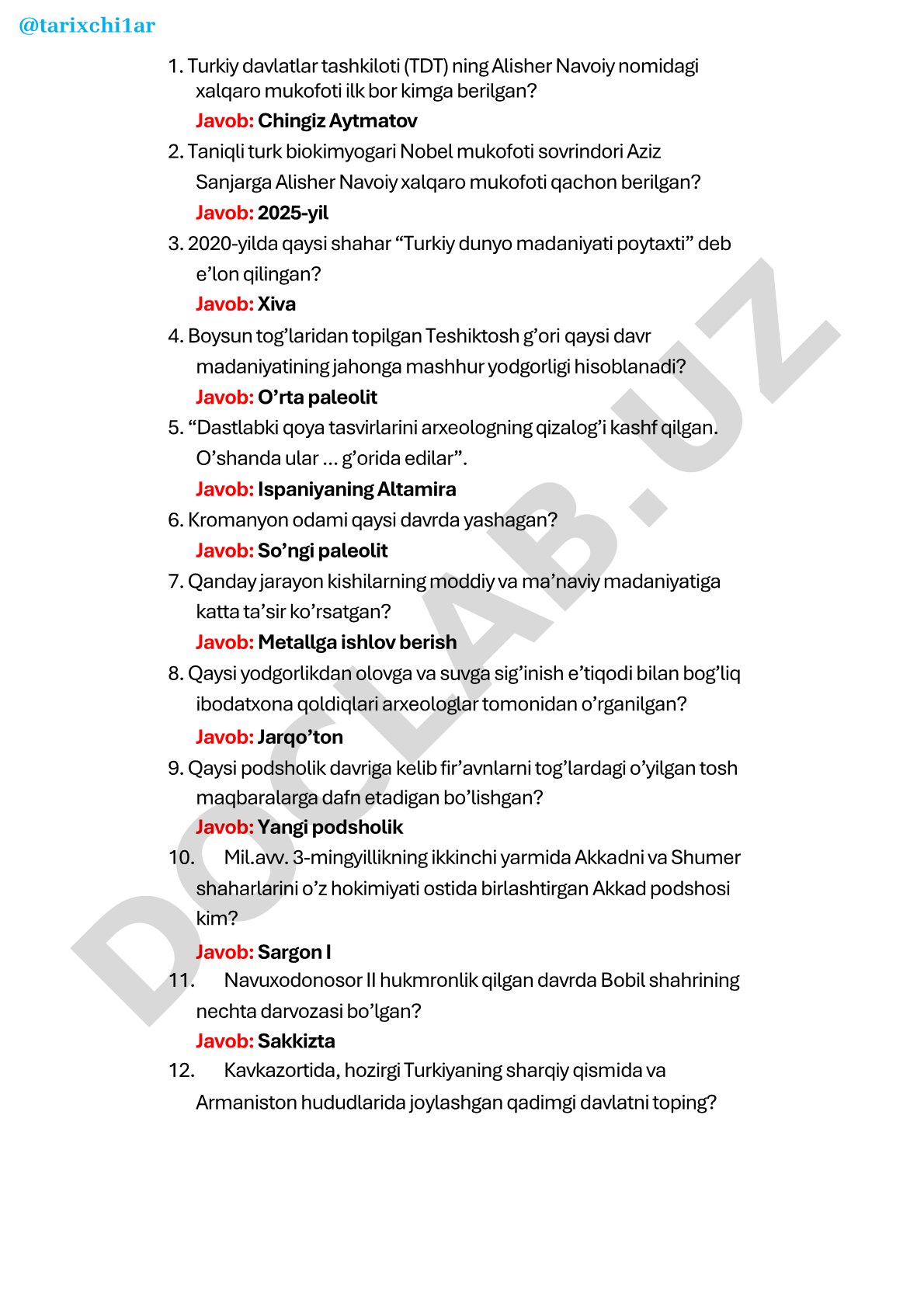 Turkiy davlatlar va qadimgi tarixga oid savol-javoblar