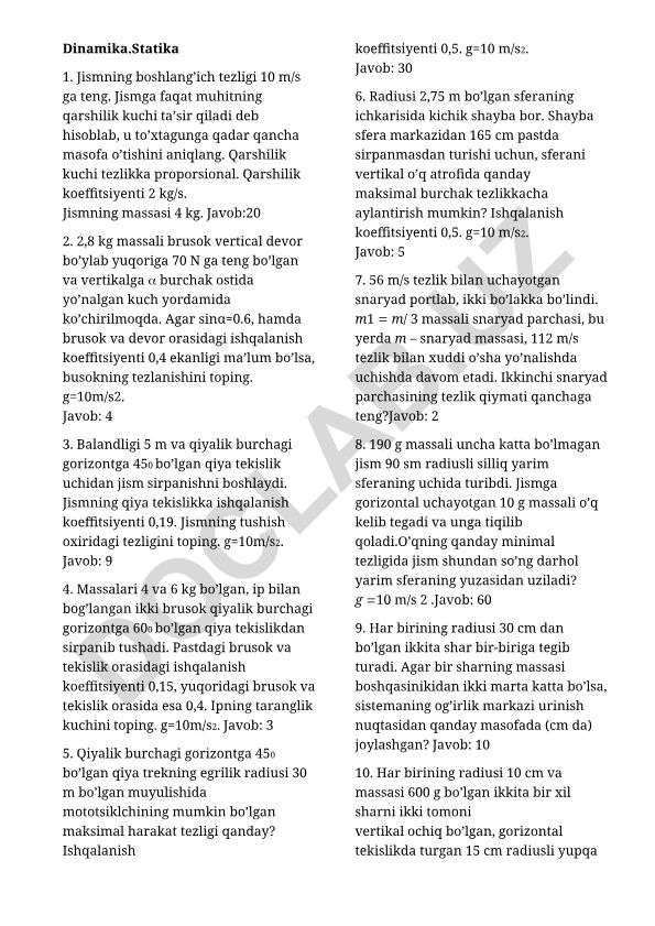 Fizika bo'yicha dinamika va statika masalalari to'plami