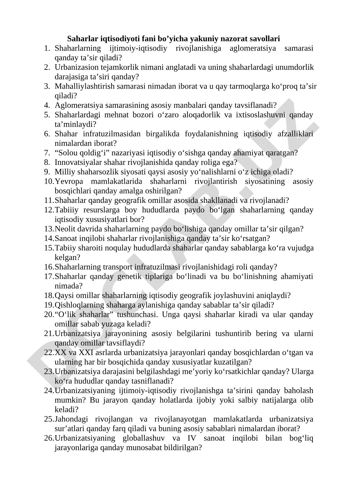 Saharlar iqtisodiyoti fani bo’yicha yakuniy nazorat savollari