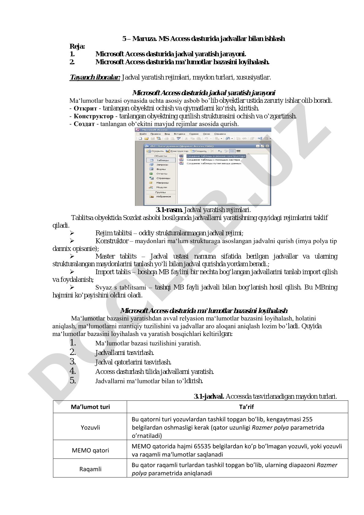 MS Access dasturida jadvallar bilan ishlash