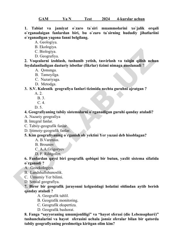 Geografiya faniga oid test savollari