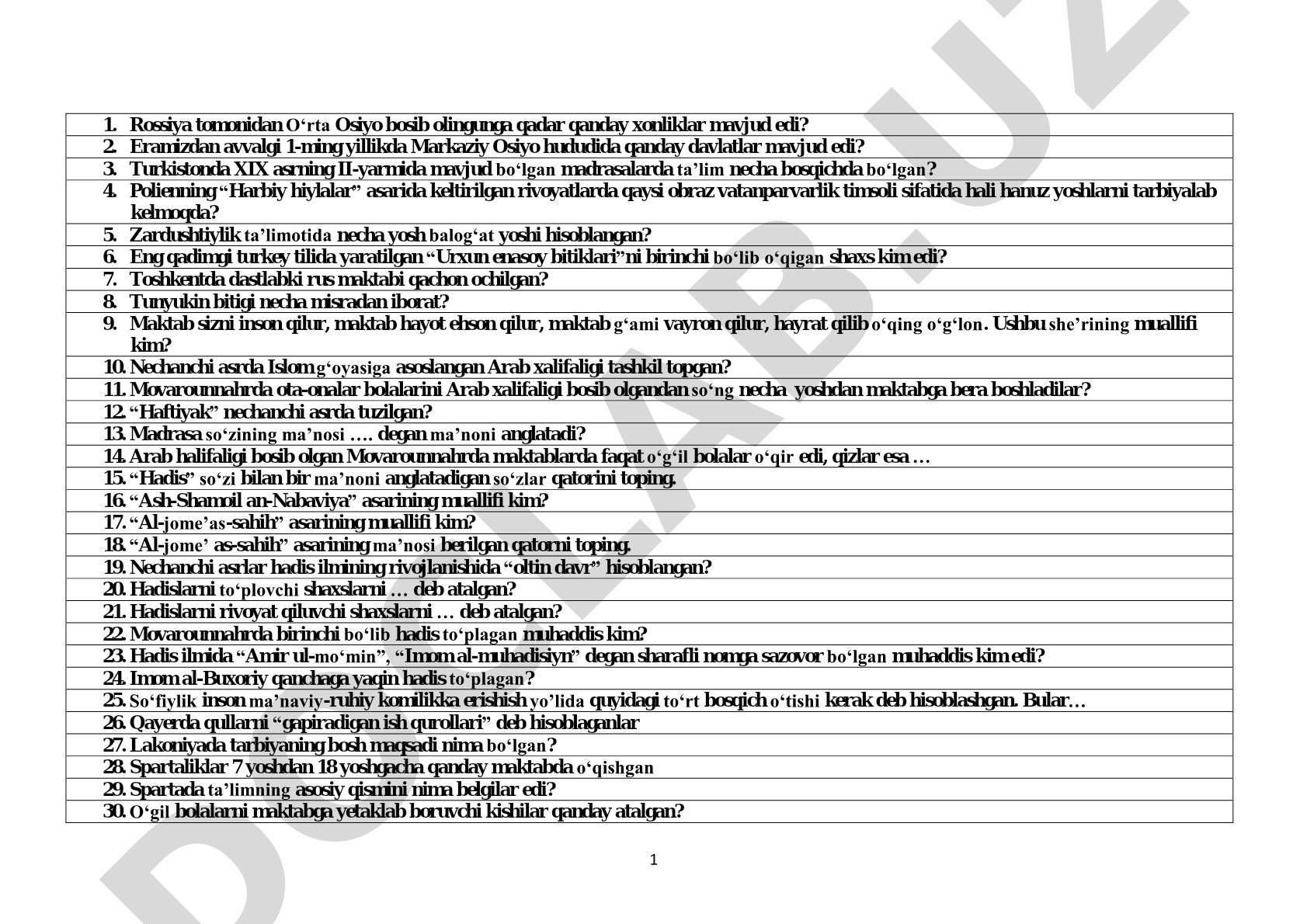O'rta Osiyo tarixi bo'yicha savollar
