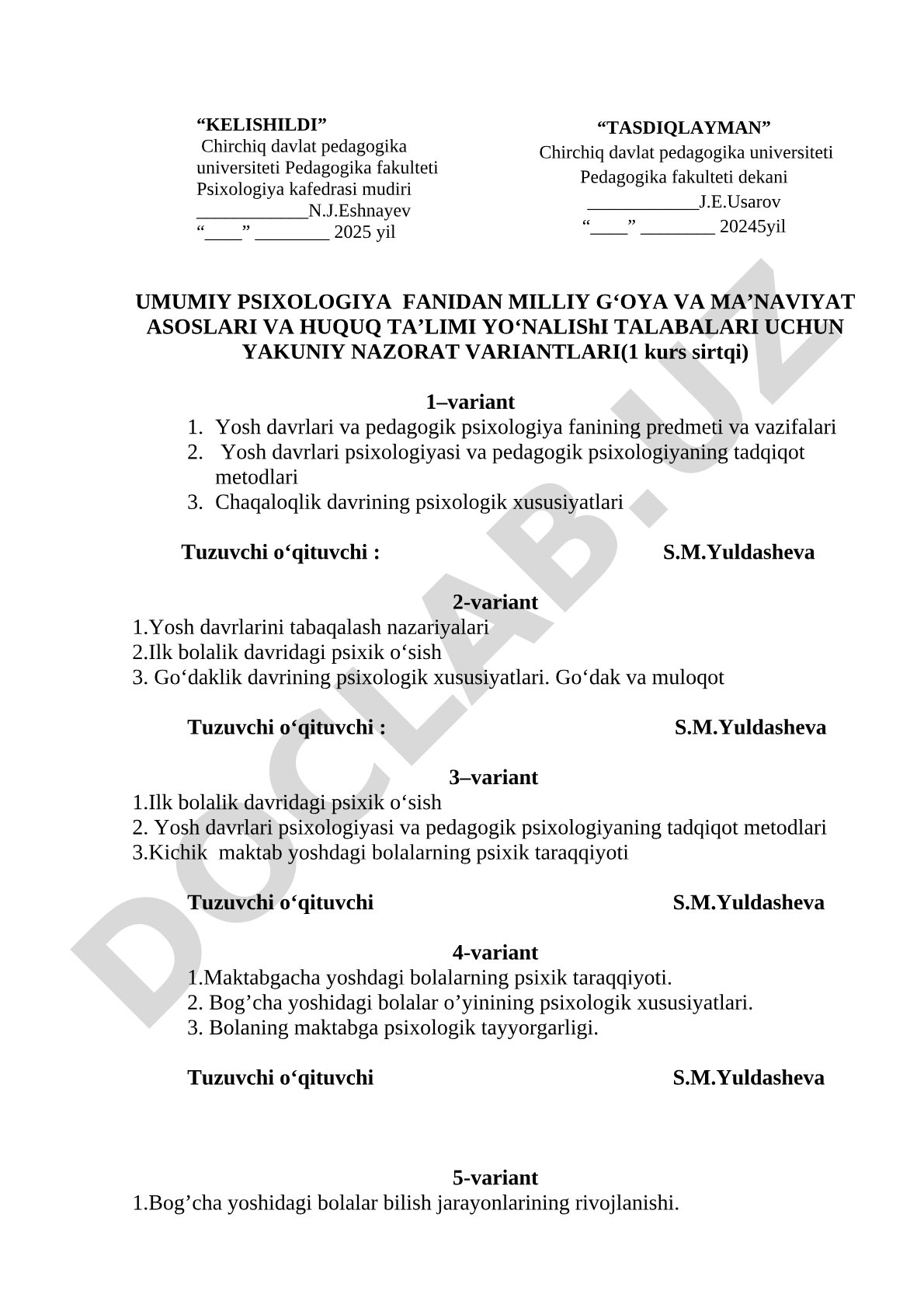 Umumiy psixologiya fanidan yakuniy nazorat variantlari