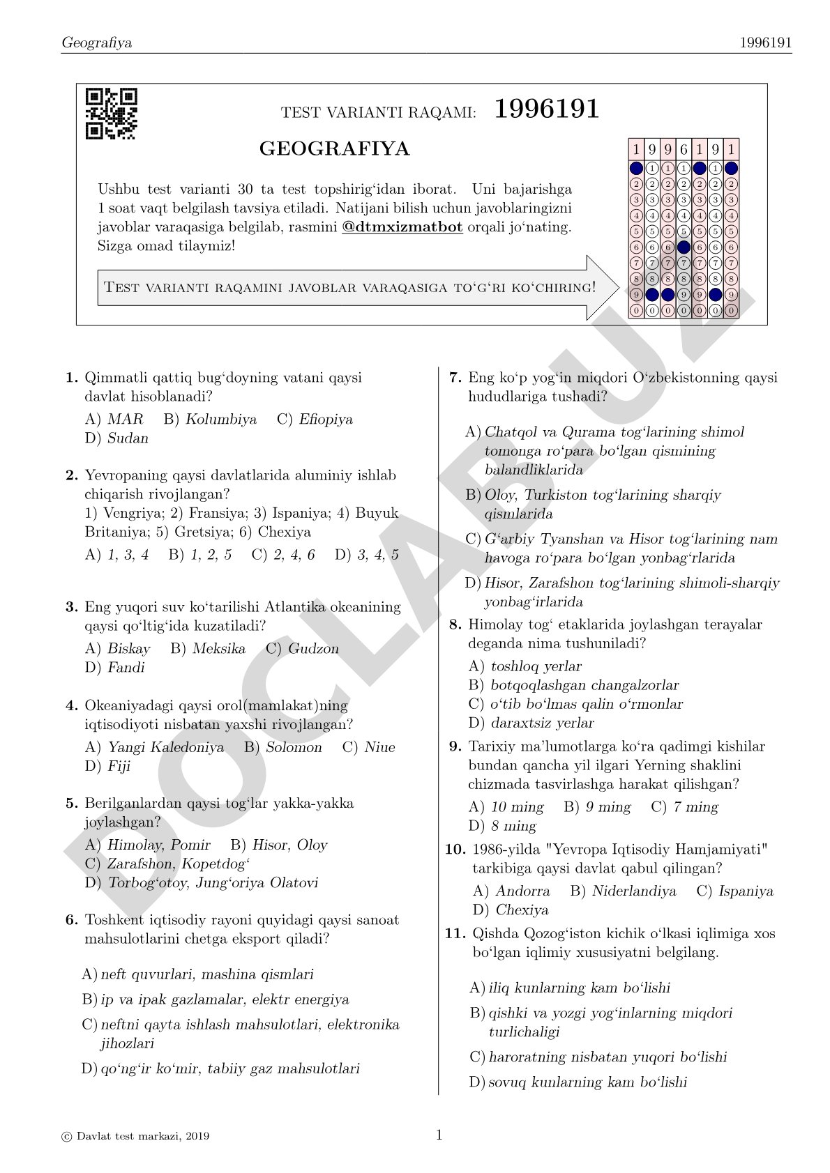 Geografiya fanidan 30 ta test topshirig'idan iborat