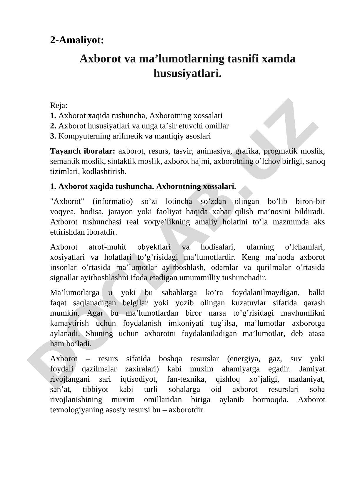 Axborot va ma’lumotlarning tasnifi xamda hususiyatlari